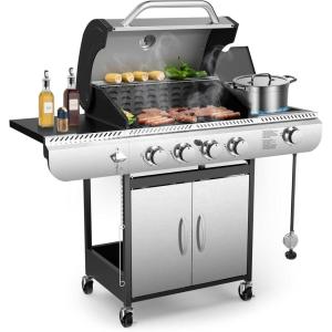 image4Burner Gas BBQ Grill with Side Burner PorcelainEnameled Cast Iron Grates Baking Pan 42000 BTU Stainless Steel Propane Grill for Outdoor Cooking and Patio Barbecues4Burner Grills
