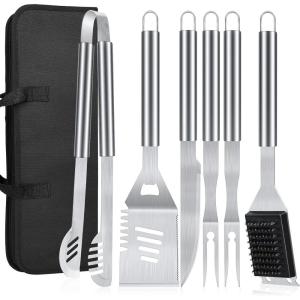 imageBBQ Grilling Accessories 16Inch Stainless Steel BBQ Grill Tools Set for Men Heavy Duty Grilling Accessories Kit for Camping Kitchen Extra Thick Barbecue Utensil6 PCS