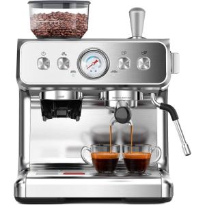 imageEspresso Machine with Grinder Stainless Steel 20 Bar SemiAutomatic Expresso Coffee Machines Featuring a Milk Frother Steam Wand Removable Water Tank for Latte Macchiato Cappuccino