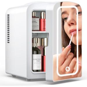 imageSkincare Fridge With Builtin LED Light Mirror 4L Compact Mini Refrigerator ACDC Portable 6 Can Small Cosmetics Cooler for Makeup Beverage Food Bedroom Office ampamp Dorm White