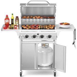 image4Burner Propane Gas Grill with 304 Stainless Steel Cooking Grid Hanging HooksHeatResistant Handle 32000BTU Stainless Steel BBQ Grill with Portable Wheels for CampingPatioBackyard
