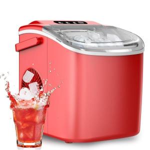 imageIce Maker Countertop Efficient Easy Carry Ice Machine SelfCleaning Ice Maker with Ice Scoop ampamp Basket 9pcs 8mins 266Lbs Per Day for HomeOfficeKitchenGreenMatte Red