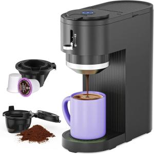 imageSingle Serve Coffee Maker Compatible with Capsule and Ground 5 Brew Sizes Up to 14 Oz Adjustable Funnel Height Compact ampamp Quick Brew Easy to Clean Ideal for HomeOfficeOutside Light Black