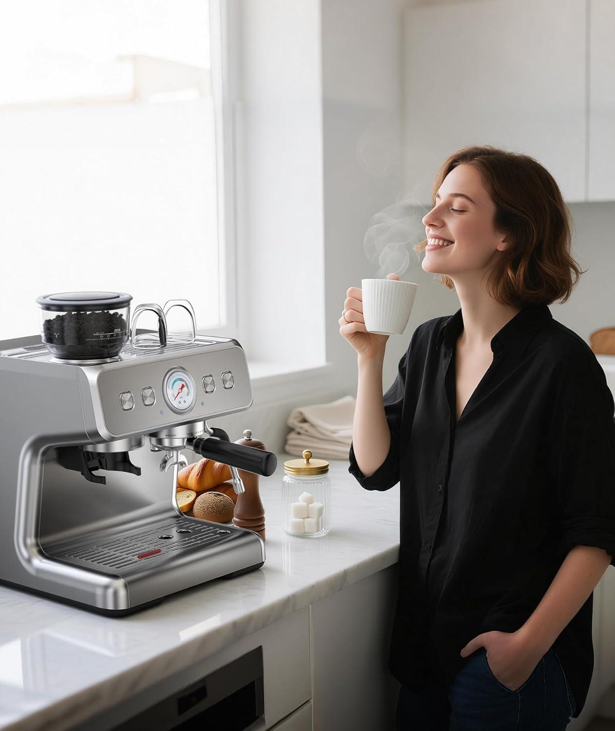 imageDouble Boiler Espresso Machine with Grinder 20 Bar Expresso Coffee Machines with Upgraded AntiClogging System Professional Coffee Maker with Milk Frother for Cappuccino Latte Americano