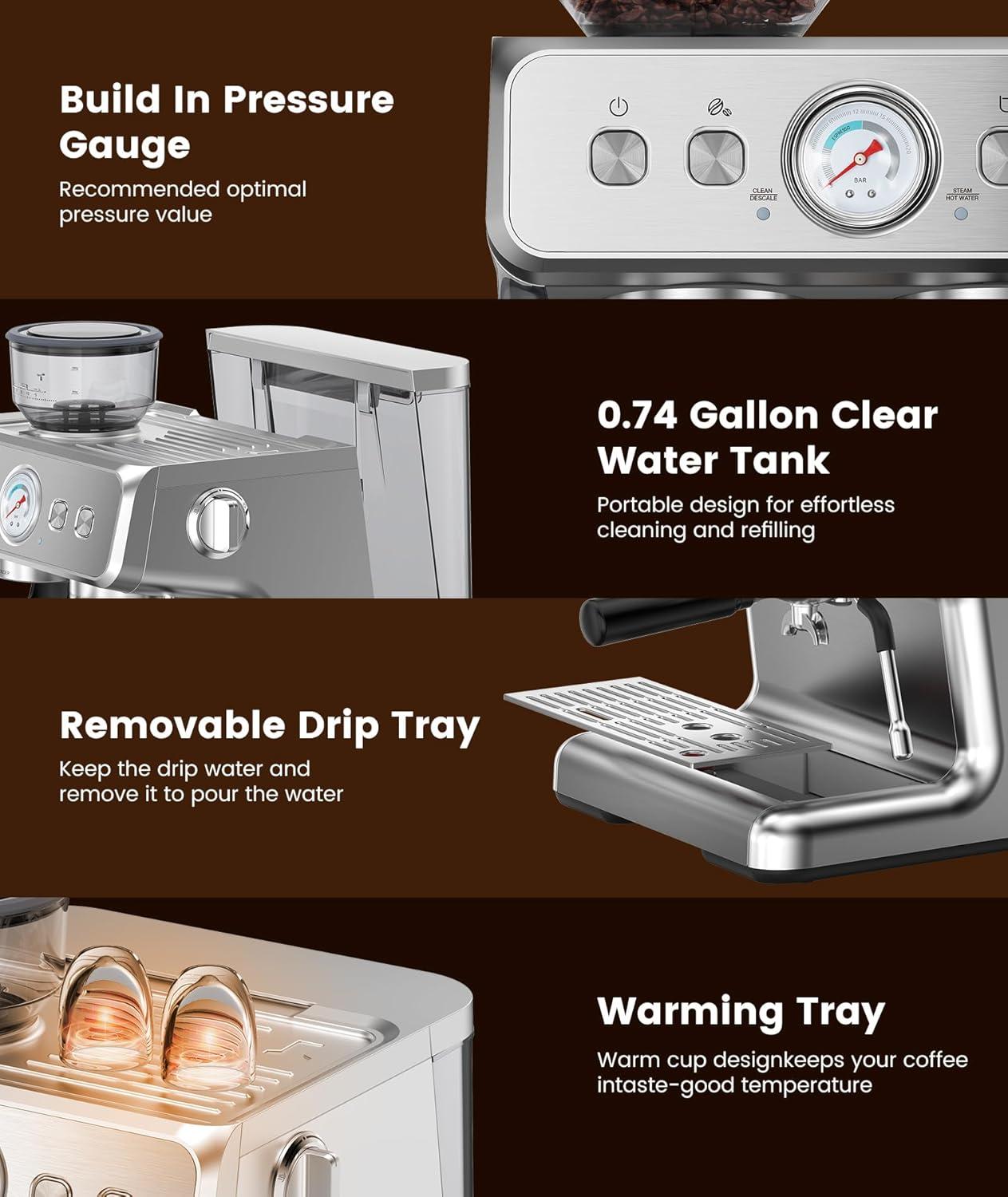 imageDouble Boiler Espresso Machine with Grinder 20 Bar Expresso Coffee Machines with Upgraded AntiClogging System Professional Coffee Maker with Milk Frother for Cappuccino Latte Americano