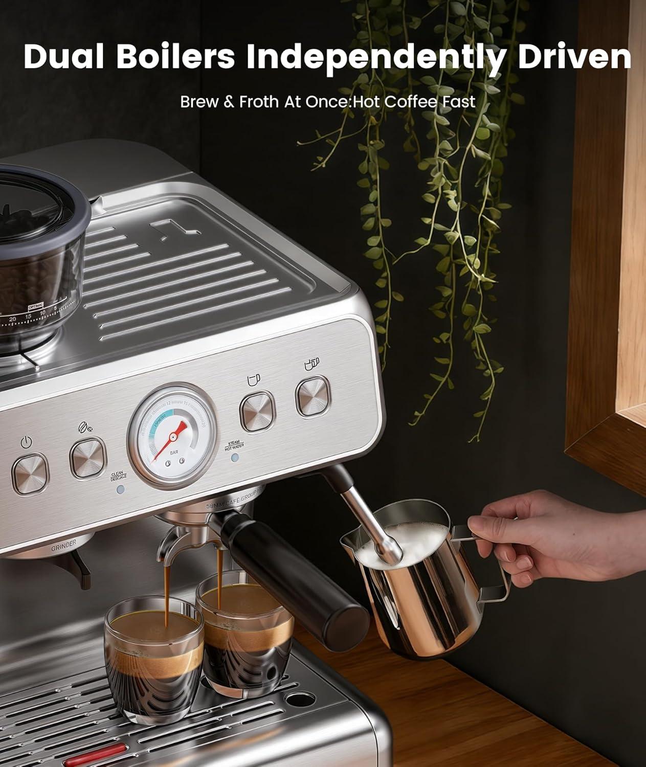 imageDouble Boiler Espresso Machine with Grinder 20 Bar Expresso Coffee Machines with Upgraded AntiClogging System Professional Coffee Maker with Milk Frother for Cappuccino Latte Americano