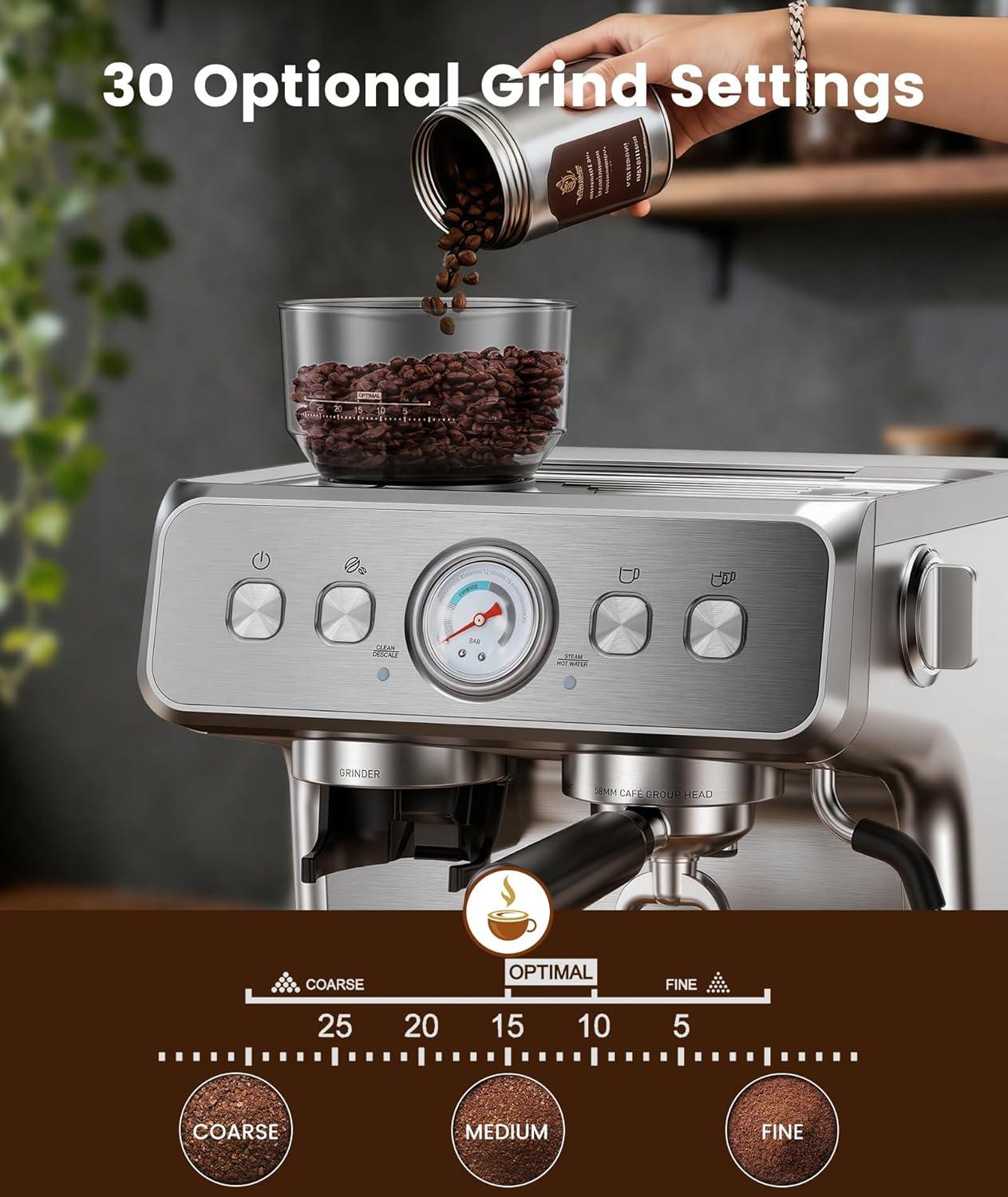 imageDouble Boiler Espresso Machine with Grinder 20 Bar Expresso Coffee Machines with Upgraded AntiClogging System Professional Coffee Maker with Milk Frother for Cappuccino Latte Americano
