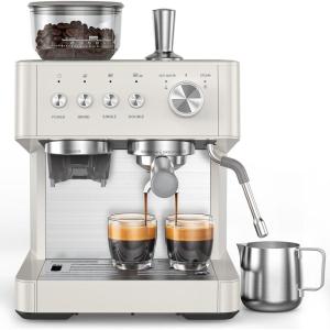 image:image20 Bar Espresso Machine with Builtin AntiClog Coffee Grinder Expresso Coffee Machines with Milk Steam WandFrotherTamping ToolsEspresso Maker with Grinder for LattesWhiteWhite