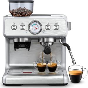 image:image20 Bar Espresso Machine with Builtin AntiClog Coffee Grinder Expresso Coffee Machines with Milk Steam WandFrotherTamping ToolsEspresso Maker with Grinder for LattesWhiteSilver