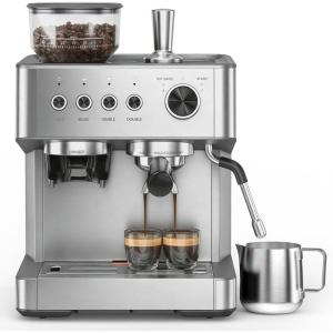 image:image2026 Upgrade 15 Bar Espresso Machine with Builtin AntiClog Coffee Grinder Expresso Coffee Machines with Milk Steam WandFrotherTamping ToolsEspresso Maker with Grinder for LattesAlmondSilver