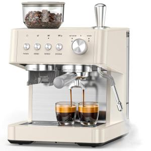 image:image2026 Upgrade 15 Bar Espresso Machine with Builtin AntiClog Coffee Grinder Expresso Coffee Machines with Milk Steam WandFrotherTamping ToolsEspresso Maker with Grinder for LattesSleek BlackAlmond